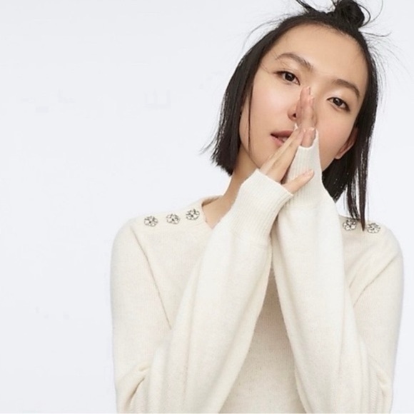 J.Crew Lambswool Crewneck Sweater Jeweled Button - Picture 2 of 8